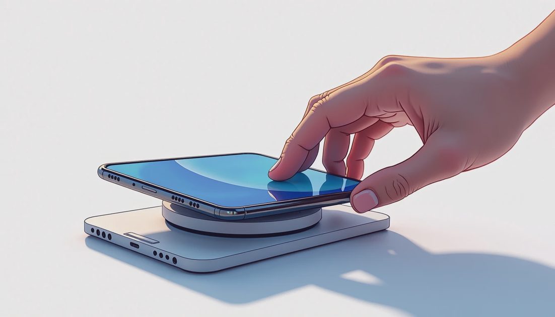 Editorial illustration of checking a folded phone on a stable charging stand