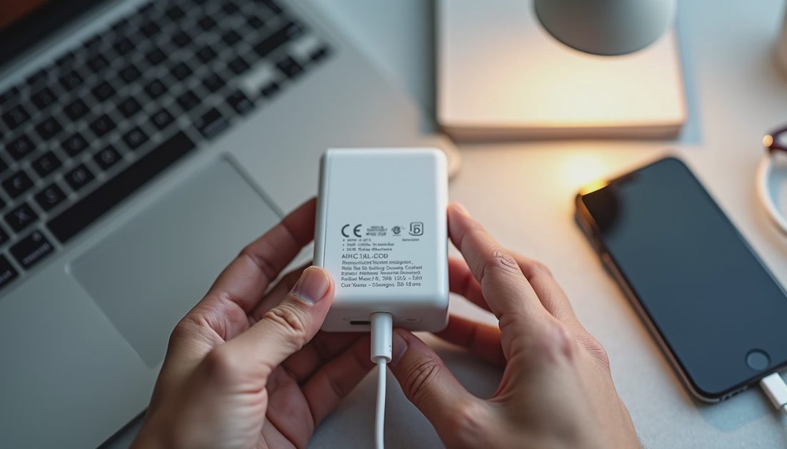 someone checking the output label on a USB-C power adapter